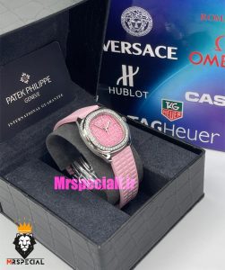 ساعت پتک فیلیپ زنانه اکوانات بند رابر قاب نگین استیل صفحه صورتی 021479 Patek Philippe Aquanaut 