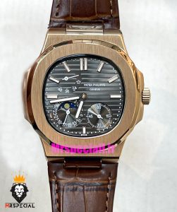 ساعت پتک فیلیپ ناتیلوس مردانه اتوماتیک رزگلد بند چرم قهوه ای صفحه طوسی Patek Philippe NUATILOS 021383