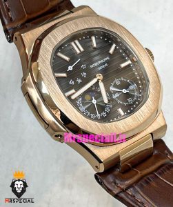 ساعت پتک فیلیپ ناتیلوس مردانه اتوماتیک رزگلد بند چرم قهوه ای صفحه طوسی Patek Philippe NUATILOS 021383