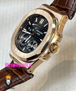 ساعت پتک فیلیپ ناتیلوس مردانه اتوماتیک رزگلد بند چرم قهوه ای صفحه طوسی Patek Philippe NUATILOS 021383