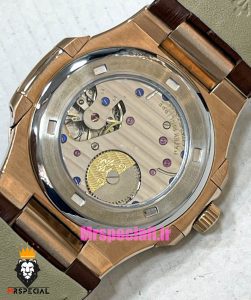 ساعت پتک فیلیپ ناتیلوس مردانه اتوماتیک رزگلد بند چرم قهوه ای صفحه طوسی Patek Philippe NUATILOS 021383