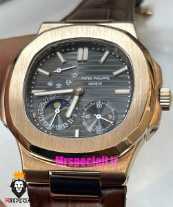 ساعت پتک فیلیپ ناتیلوس مردانه اتوماتیک رزگلد بند چرم قهوه ای صفحه طوسی Patek Philippe NUATILOS 021383