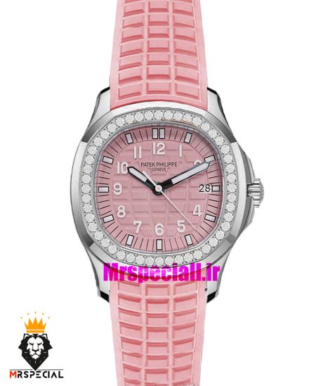 ساعت پتک فیلیپ زنانه اکوانات بند رابر قاب نگین استیل صفحه صورتی 021479 Patek Philippe Aquanaut