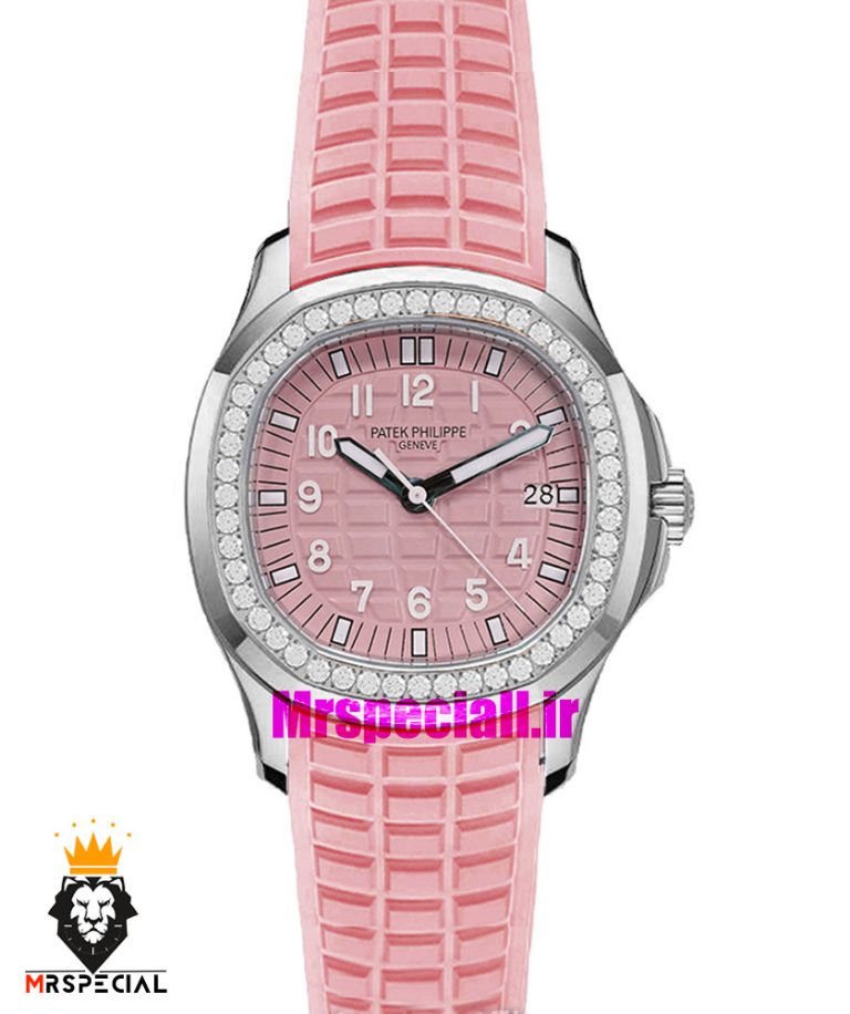 ساعت پتک فیلیپ زنانه اکوانات بند رابر قاب نگین استیل صفحه صورتی 021479 Patek Philippe Aquanaut