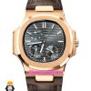 ساعت پتک فیلیپ ناتیلوس مردانه اتوماتیک رزگلد بند چرم قهوه ای صفحه طوسی Patek Philippe NUATILOS 021383