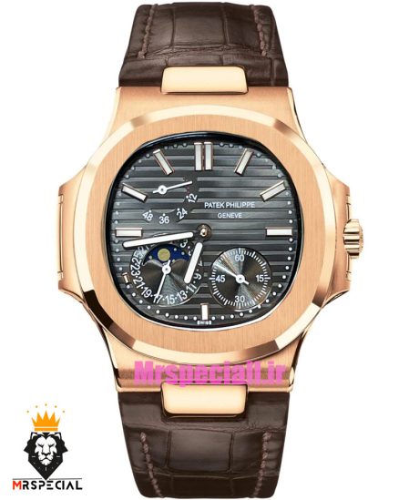 ساعت پتک فیلیپ ناتیلوس مردانه اتوماتیک رزگلد بند چرم قهوه ای صفحه طوسی Patek Philippe NUATILOS 021383