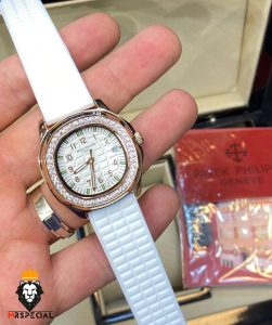 ساعت زنانه پتک فیلیپ اکوانات رزگلد قاب نگین بند رابر سفید 01741 Patek Philippe Aquanaut