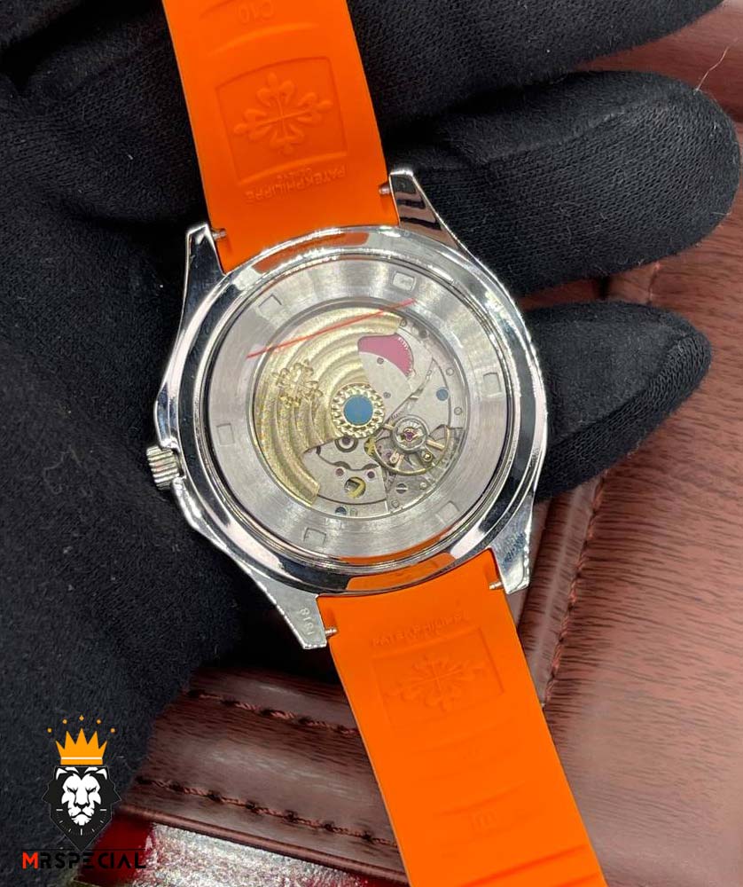 ساعت مردانه پتک فیلیپ اکوانات اتوماتیک بند رابر نارنجی صفحه طوسی 01603 Patek Philippe Aquanaut