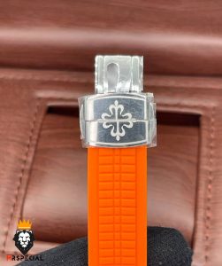 ساعت مردانه پتک فیلیپ اکوانات اتوماتیک بند رابر نارنجی صفحه طوسی 01603 Patek Philippe Aquanaut