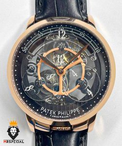 ساعت مردانه پتک فیلیپ اتوماتیک اسکلتون رزگلد بند چرم مشکی Patek Philippe Luxury 01258