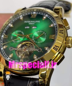 ساعت پتک فیلیپ مردانه بند چرم توربیلون اتوماتیک طلایی صفحه سبز Patek Philippe 020812 