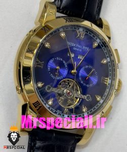 ساعت پتک فیلیپ مردانه بند چرم توربیلون اتوماتیک طلایی صفحه ابی Patek Philippe 020813