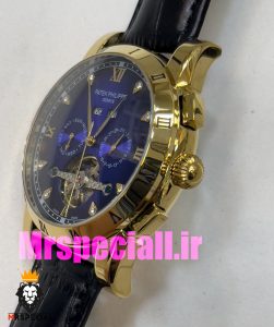 ساعت پتک فیلیپ مردانه بند چرم توربیلون اتوماتیک طلایی صفحه ابی Patek Philippe 020813