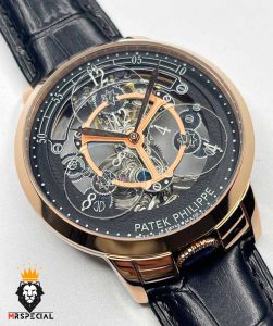 ساعت مردانه پتک فیلیپ اتوماتیک اسکلتون رزگلد بند چرم مشکی Patek Philippe Luxury 01258