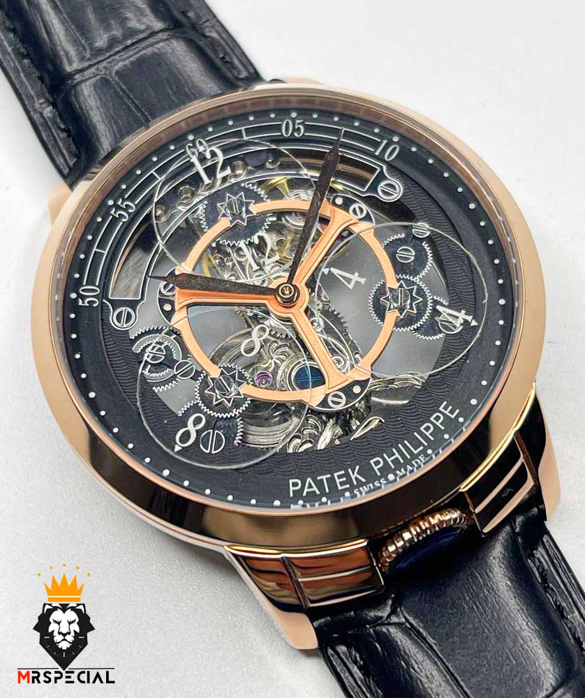 ساعت مردانه پتک فیلیپ اتوماتیک اسکلتون رزگلد بند چرم مشکی Patek Philippe Luxury 01258