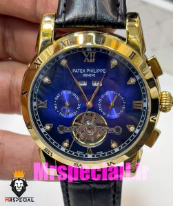 ساعت پتک فیلیپ مردانه بند چرم توربیلون اتوماتیک طلایی صفحه ابی Patek Philippe 020813