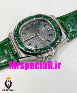 ساعت پتک فیلیپ ناتیلوس مردانه اتوماتیک بند چرم صفحه طوسی قاب نگین Patek Philippe NUATILOS Diamond 020698