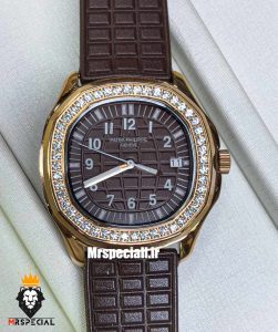 ساعت پتک فیلیپ زنانه اکوانات بند رابر قهوه ای قاب نگین رزگلد صفحه قهوه ای 021277 Patek Philippe Aquanaut