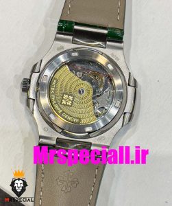 ساعت پتک فیلیپ ناتیلوس مردانه اتوماتیک بند چرم صفحه طوسی قاب نگین Patek Philippe NUATILOS Diamond 020698