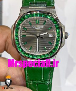 ساعت پتک فیلیپ ناتیلوس مردانه اتوماتیک بند چرم صفحه طوسی قاب نگین Patek Philippe NUATILOS Diamond 020698