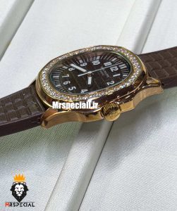 ساعت پتک فیلیپ زنانه اکوانات بند رابر قهوه ای قاب نگین رزگلد صفحه قهوه ای 021277 Patek Philippe Aquanaut
