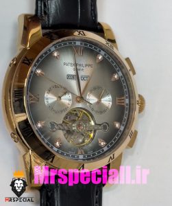 ساعت پتک فیلیپ مردانه بند چرم توربیلون اتوماتیک رزگلد صفحه طوسی Patek Philippe 020811 