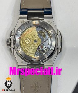 ساعت پتک فیلیپ ناتیلوس مردانه اتوماتیک بند چرم صفحه طوسی قاب نگین Patek Philippe NUATILOS Diamond 020697