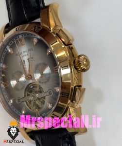 ساعت پتک فیلیپ مردانه بند چرم توربیلون اتوماتیک رزگلد صفحه طوسی Patek Philippe 020811 