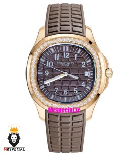 ساعت پتک فیلیپ زنانه اکوانات بند رابر قهوه ای قاب نگین رزگلد صفحه قهوه ای 021277 Patek Philippe Aquanaut