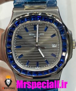 ساعت پتک فیلیپ ناتیلوس مردانه اتوماتیک بند چرم صفحه طوسی قاب نگین Patek Philippe NUATILOS Diamond 020697