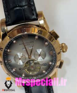 ساعت پتک فیلیپ مردانه بند چرم توربیلون اتوماتیک رزگلد صفحه طوسی Patek Philippe 020811 