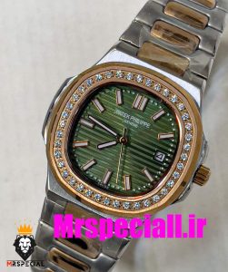 ساعت پتک فیلیپ زنانه کوارتز قاب نگین دورنگ رزگلد صفحه سبز Patek Philippe NUATILOS 020766