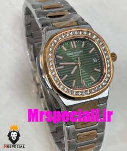 ساعت پتک فیلیپ زنانه کوارتز قاب نگین دورنگ رزگلد صفحه سبز Patek Philippe NUATILOS 020766