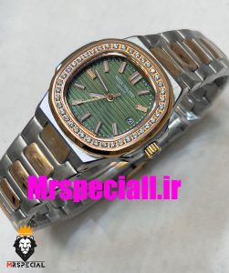 ساعت پتک فیلیپ زنانه کوارتز قاب نگین دورنگ رزگلد صفحه سبز Patek Philippe NUATILOS 020766