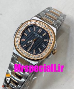 ساعت پتک فیلیپ زنانه کوارتز قاب نگین دورنگ رزگلد صفحه مشکی Patek Philippe NUATILOS 020767 