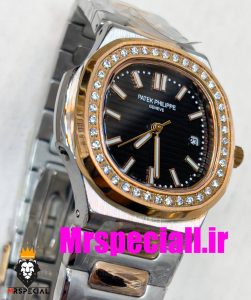 ساعت پتک فیلیپ زنانه کوارتز قاب نگین دورنگ رزگلد صفحه مشکی Patek Philippe NUATILOS 020767 