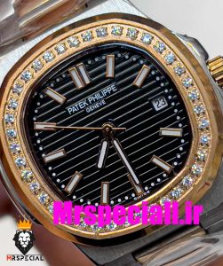 ساعت پتک فیلیپ زنانه کوارتز قاب نگین دورنگ رزگلد صفحه مشکی Patek Philippe NUATILOS 020767 