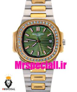 ساعت پتک فیلیپ زنانه کوارتز قاب نگین دورنگ رزگلد صفحه سبز Patek Philippe NUATILOS 020766