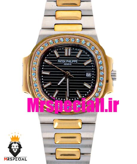 ساعت پتک فیلیپ زنانه کوارتز قاب نگین دورنگ رزگلد صفحه مشکی Patek Philippe NUATILOS 020767