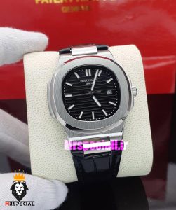 ساعت پتک فیلیپ مردانه مدل ناتیلوس کوارتز بند چرم مشکی صفحه مشکی Patek Philippe NUATILOS 021183