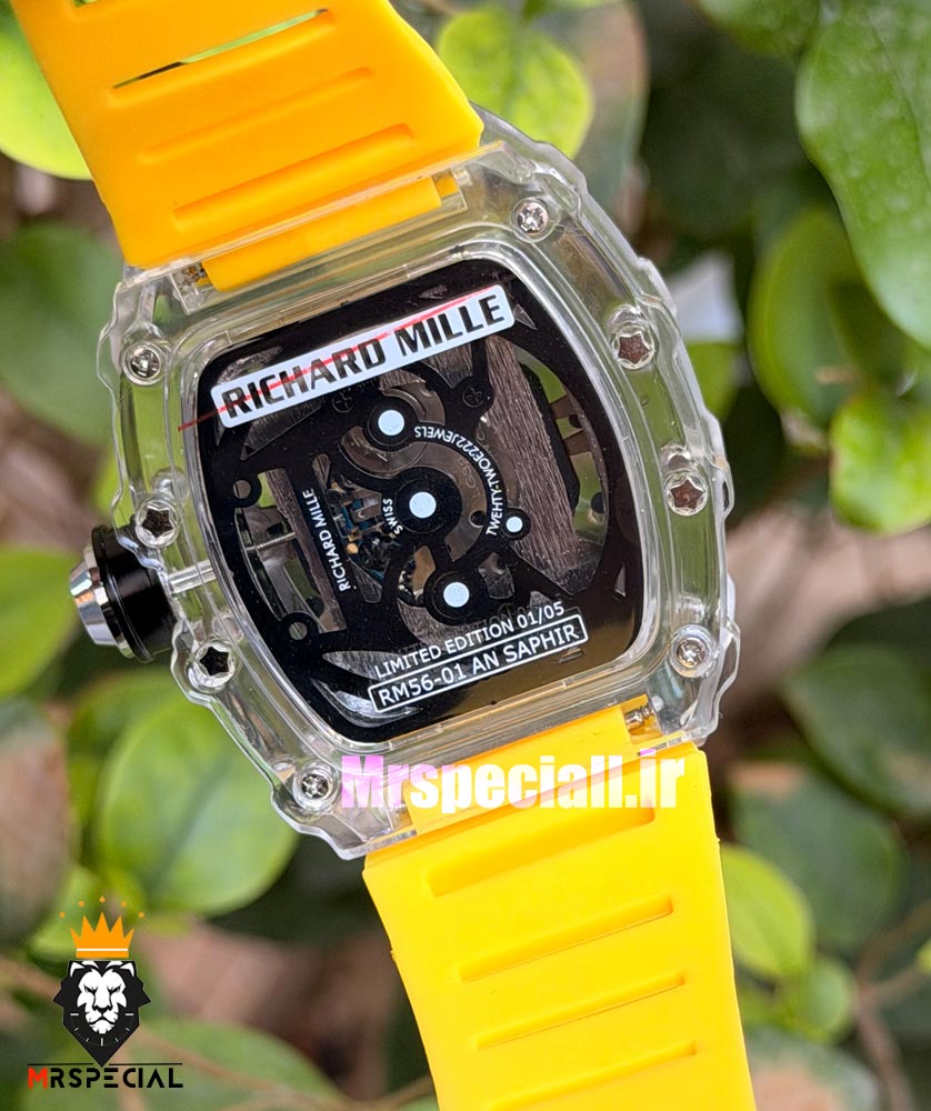 ساعت ریچارد میل مردانه کوارتز قاب شیشه ای بند رابر زرد 021714 RICHARD MILLE
