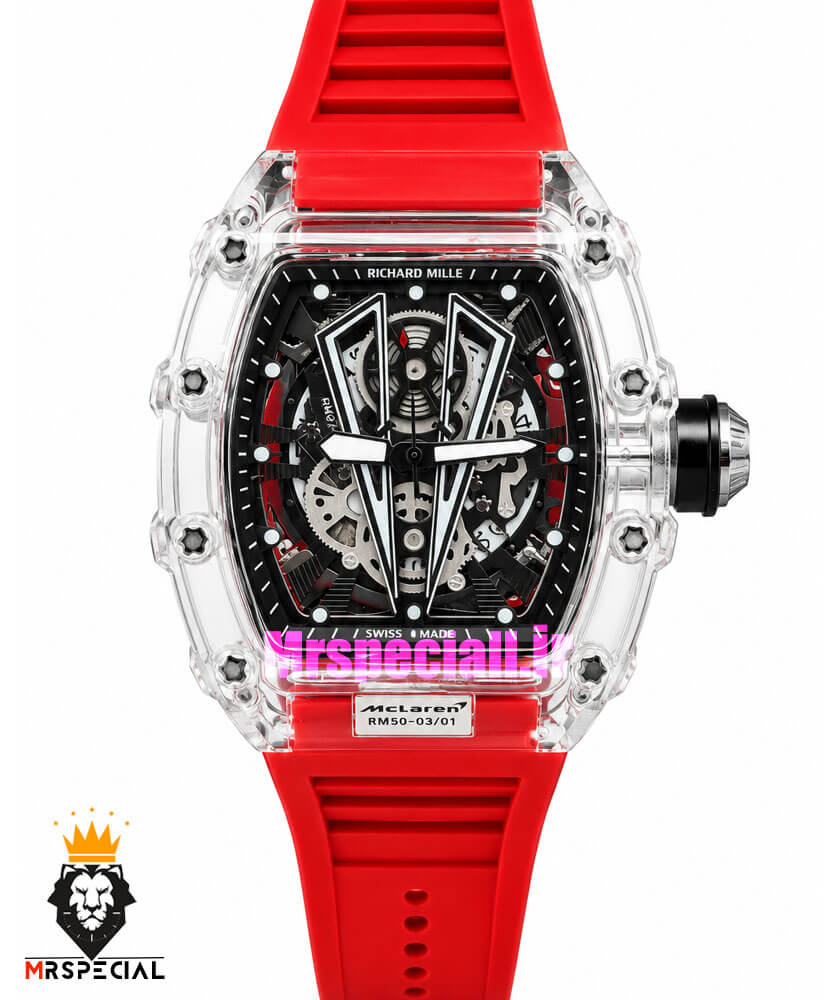 ساعت ریچارد میل مردانه کوارتز قاب شیشه ای بند رابر قرمز 021716 RICHARD MILLE