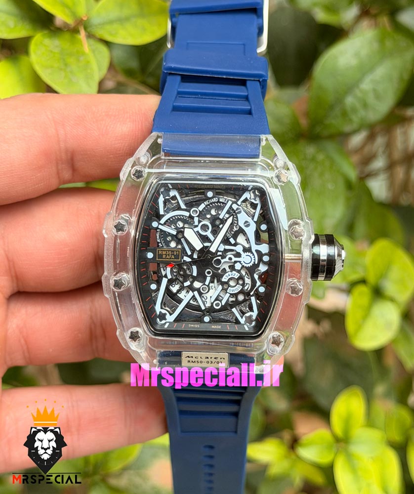 ساعت ریچارد میل مردانه کوارتز قاب شیشه ای بند رابر سورمه ای 021715 RICHARD MILLE