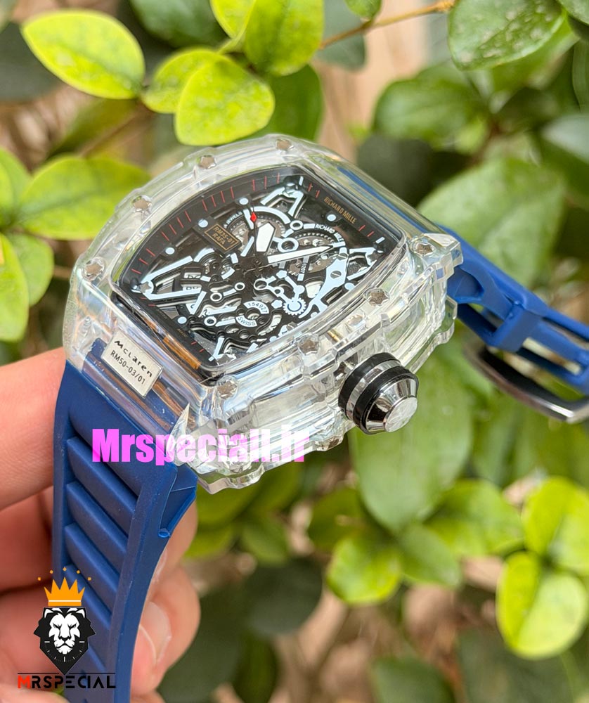 ساعت ریچارد میل مردانه کوارتز قاب شیشه ای بند رابر سورمه ای 021715 RICHARD MILLE