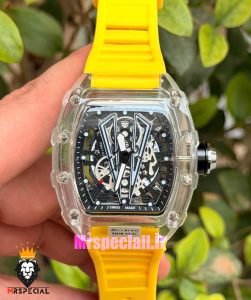 ساعت ریچارد میل مردانه کوارتز قاب شیشه ای بند رابر زرد 021714 RICHARD MILLE