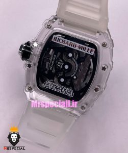  ساعت ریچارد میل مردانه قاب شیشه ای بند رابر سفید کوارتز 01891 RICHARD MILLE