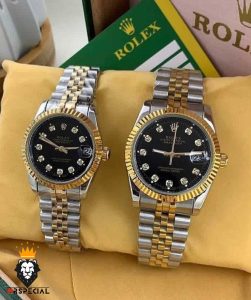 ساعت ست رولکس مردانه و زنانه دیت جاست اتوماتیک دورنگ طلایی صفحه مشکی 0835 ROLEX DATEJUST