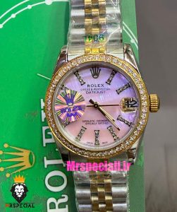 ساعت رولکس زنانه دیت جاست قاب نگین دورنگ طلایی صفحه صورتی 021545 ROLEX DATEJUST