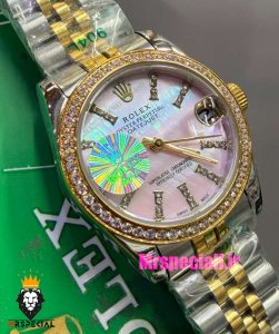 ساعت رولکس زنانه دیت جاست قاب نگین دورنگ طلایی صفحه صورتی 021545 ROLEX DATEJUST