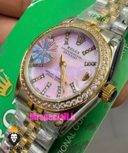 ساعت رولکس زنانه دیت جاست قاب نگین دورنگ طلایی صفحه صورتی 021545 ROLEX DATEJUST